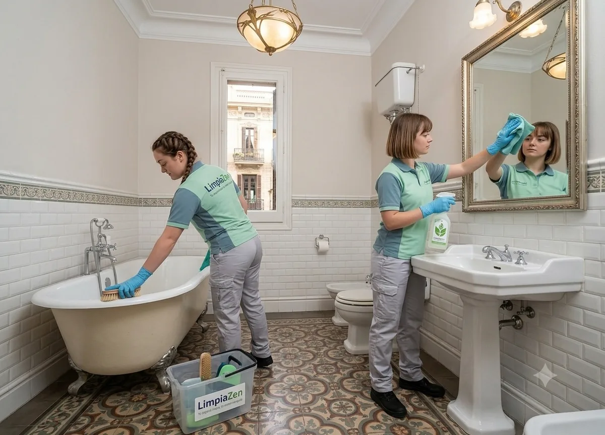 Equip professional netejant banyera, mirall, lavabo i terres de bany a Barcelona